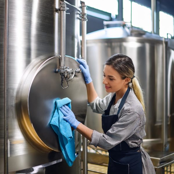 Firefly Photo Femme Européenne Qui Nettoie Avec Un Chiffon Et Du Produit Une Cuve En Inox Dans Une F